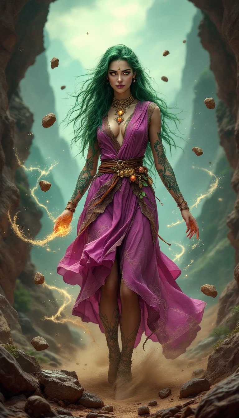 AI generated: An ultra-realistic, full-body action shot of a captivating magenta geomancer, radiating natural powe...