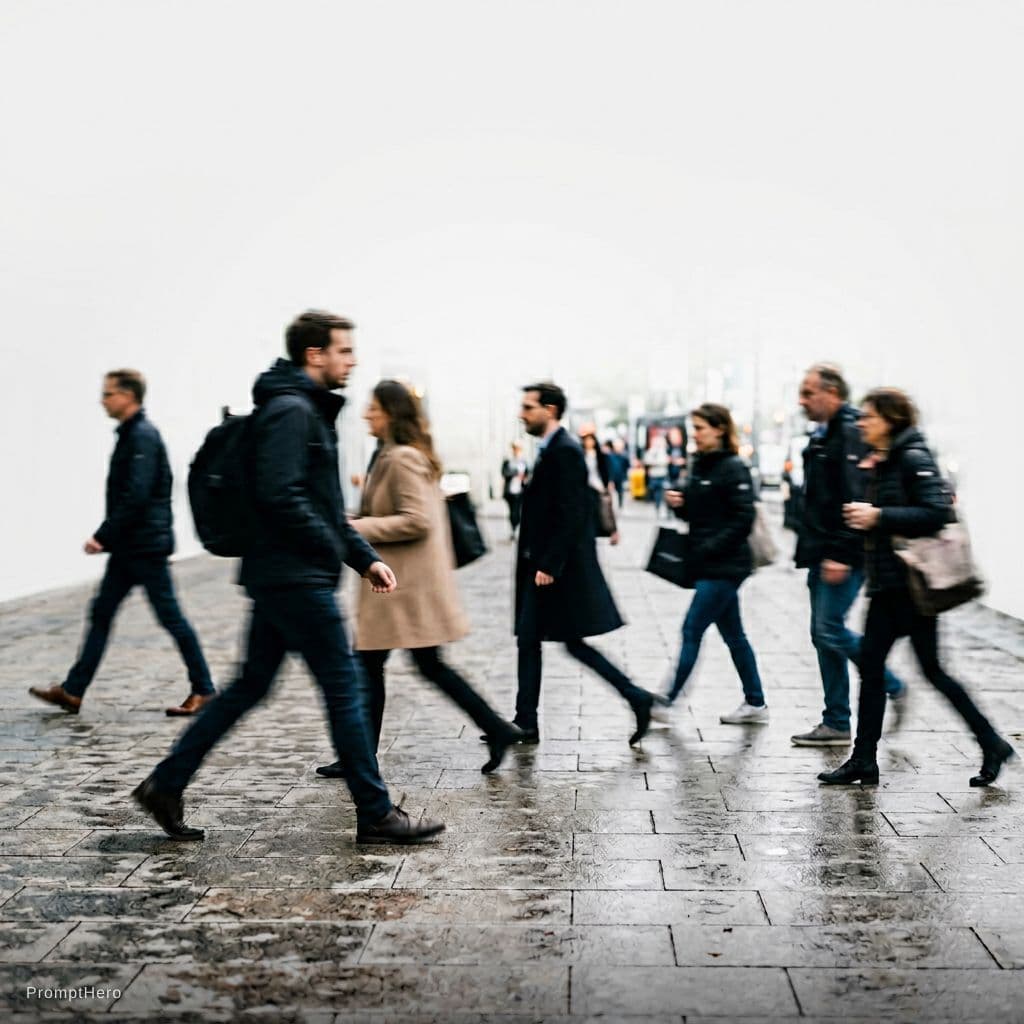 AI generated:  blurred pedestrians walking, strong motion blur conveying urban rush and anonymity,modern urban aes...
