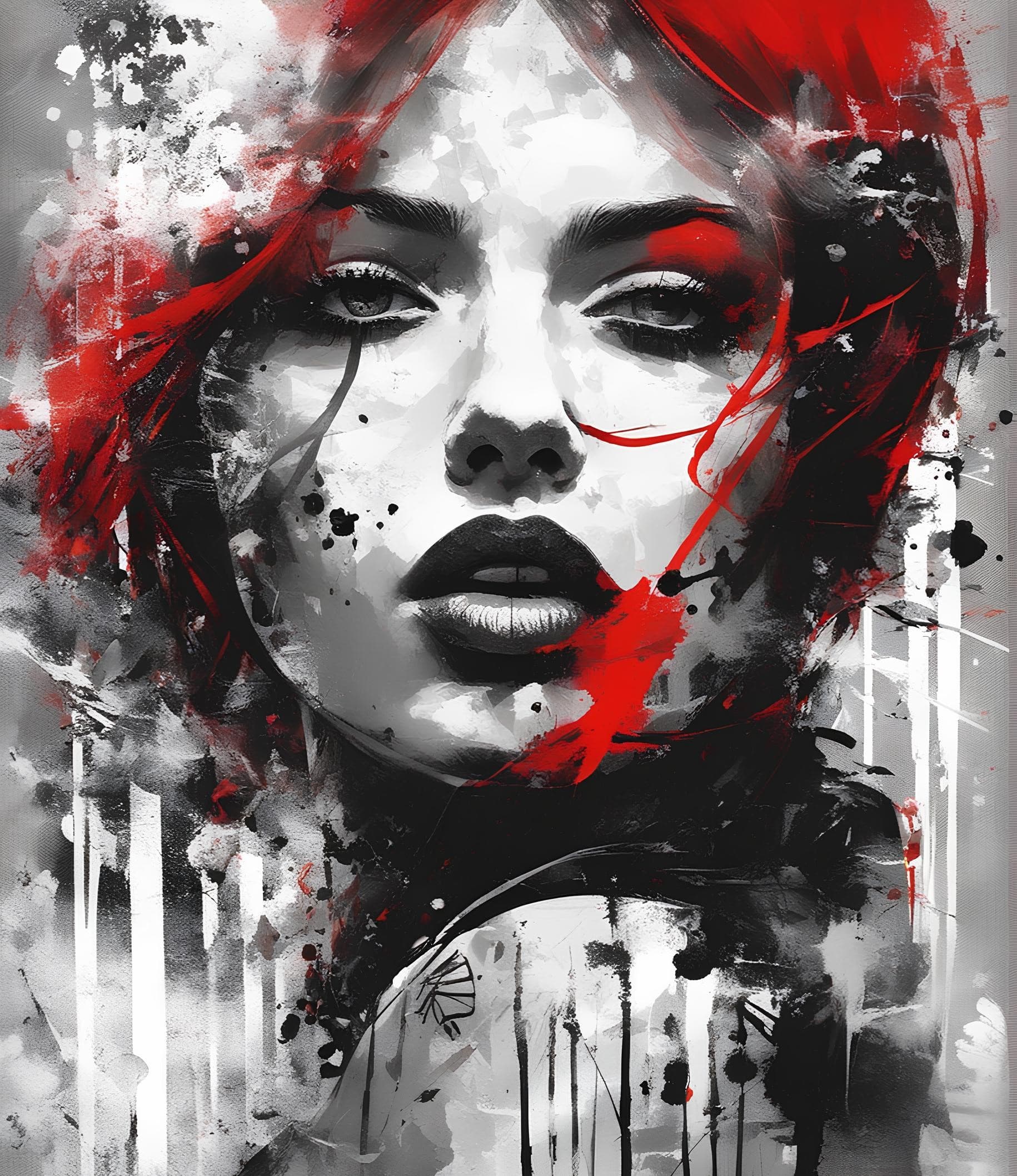 AI generated: a painting of a woman with red hair, graffiti art, by Grzegorz Domaradzki, trash polka, closeup!!!!!...