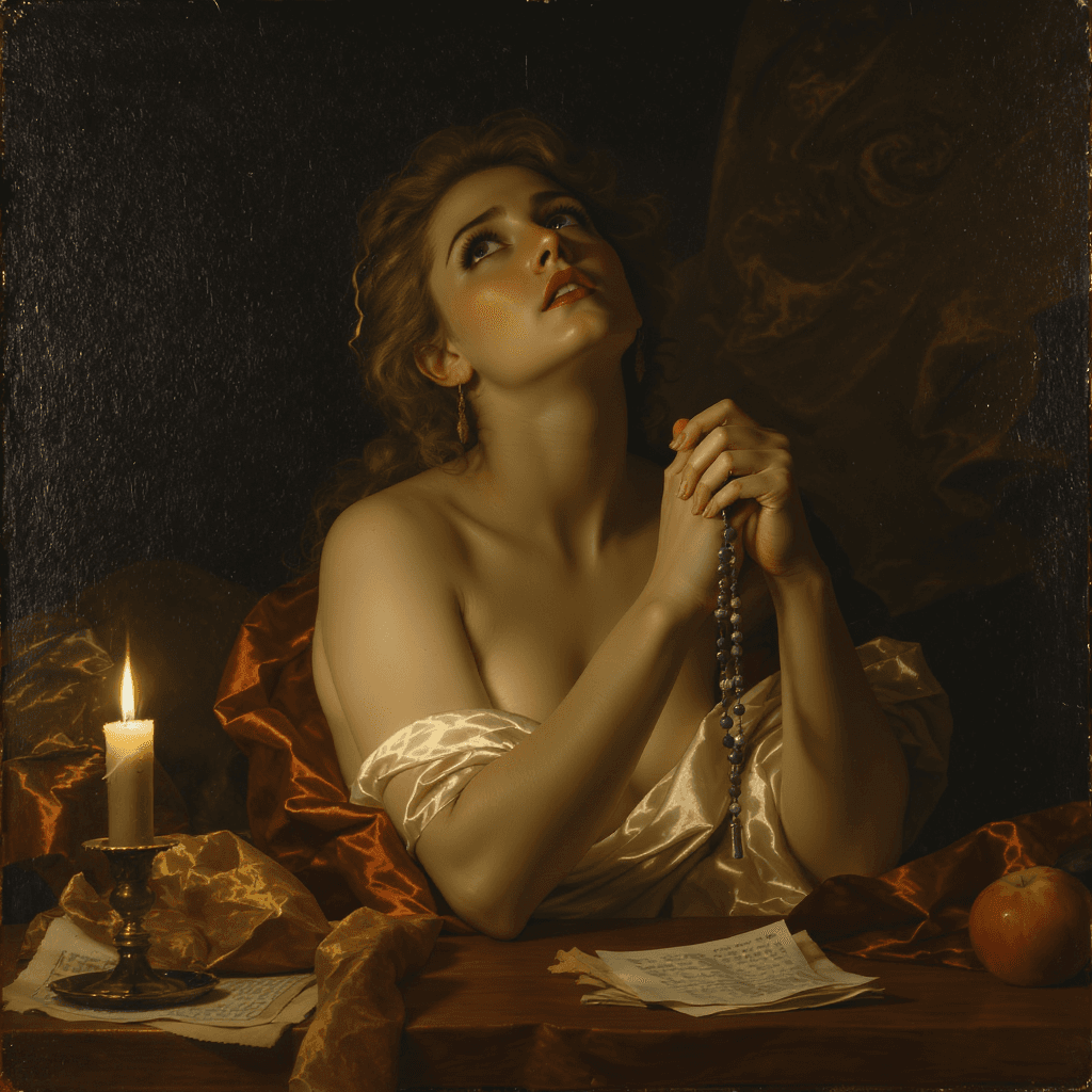 AI generated: baroque oil painting of a seductive woman torn between faith and lust, wearing a slipping silk robe,...