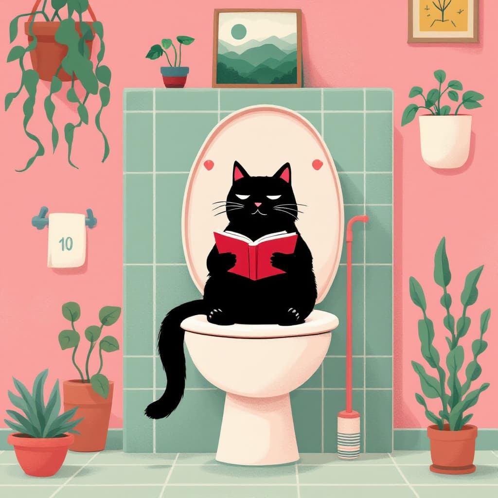 AI generated: A black cat sits on the open toilet seat, reading a book. The walls are pink, and the tiles are gree...