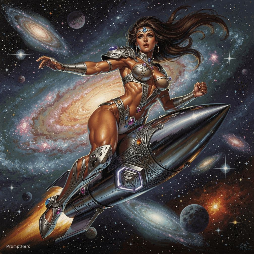 AI generated: BORIS VALLEJO SPACE WOMAN RIDING A ROCKET TO THE STARS