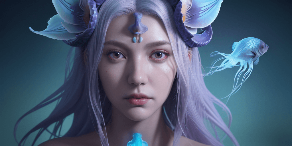 AI generated: Goddess close-up portrait ribcagel. jellyfish phoenix head, nautilus, orchid, skull, betta fish, bio...