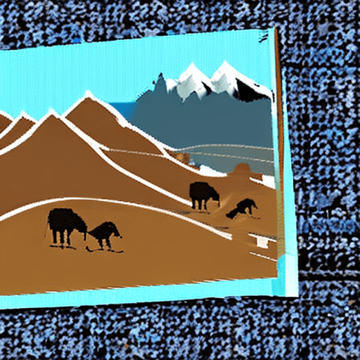 AI generated: Two brown mountains peak, snow caps on the tops of the mountains. At the bottom of the picture four ...