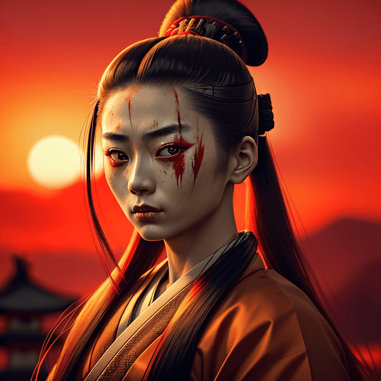 AI generated: A portrait of a female Samurai, long straight hair in a topknot, wearing traditional samurai clothin...