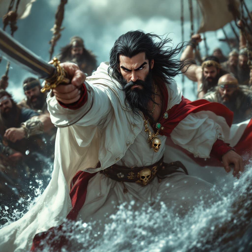 AI generated: a young strong muscular medieval sailor and his henchmen jumping into another ship, he has thick s-s...