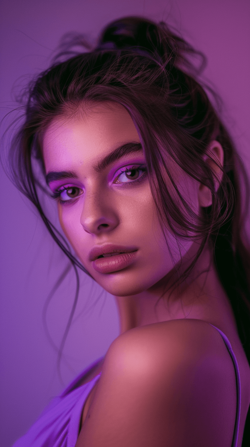 AI generated: photography, upper body, purple hue, woman model, solid purple backdrop, purple eyes detailing, usin...
