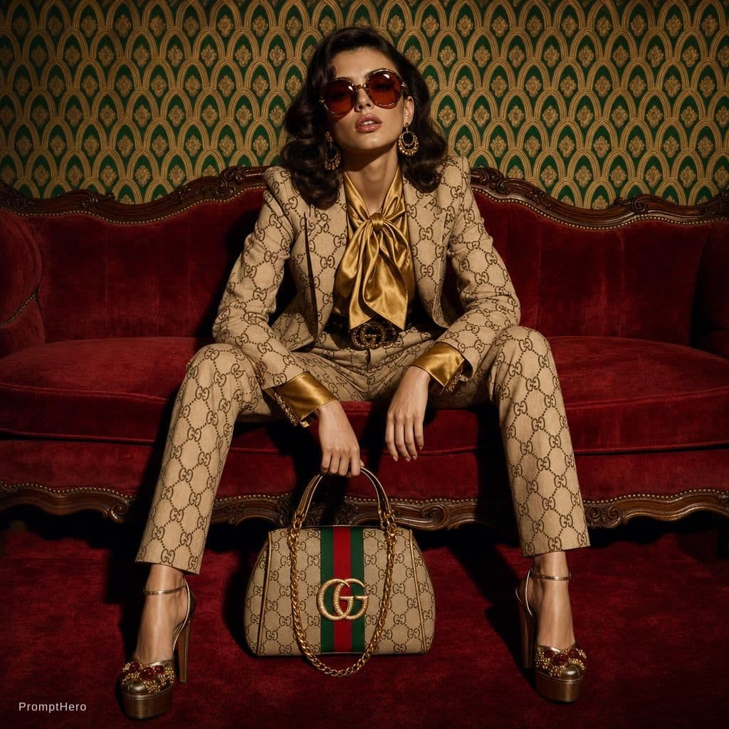 AI generated: {
  "scene": {
    "type": "fashion editorial",
    "theme": "Gucci vintage luxury",
    "settin...