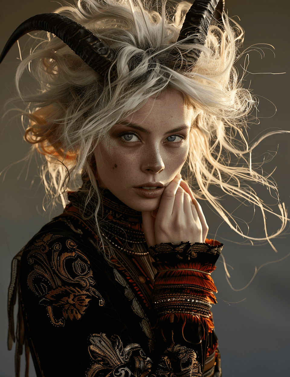 AI generated: https://s.mj.run/HI2gqGou9qI Model with white hair and the porcelain face in the gown designed by Lo...