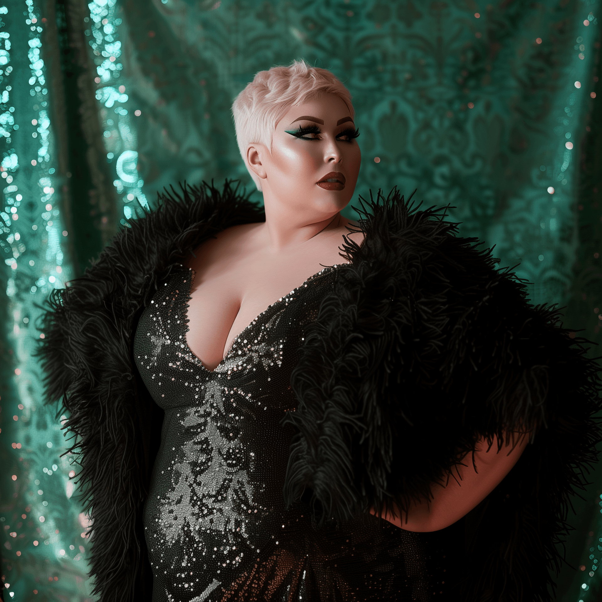 AI generated: A photograph shows an obese woman with short white hair. She has heavy makeup and is wearing winged ...