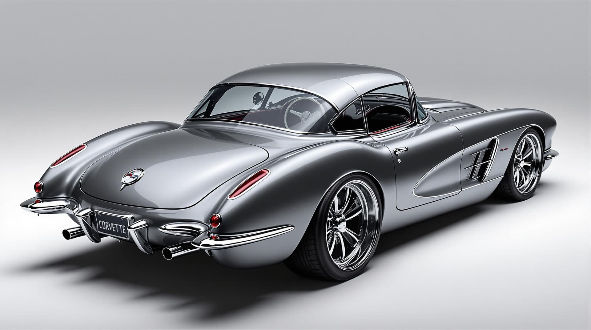 AI generated: Hyper realistic 1959 chevy corvette, rear side top view, gray color, restomod with exhaust tips with...