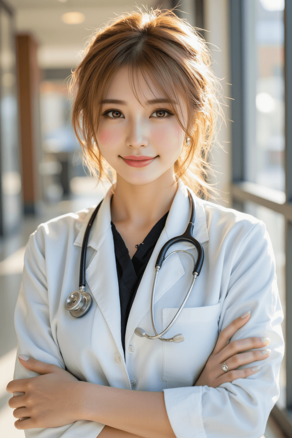 AI generated: A high-resolution, photorealistic portrait of a young, friendly Japanese female doctor in her mid-20...