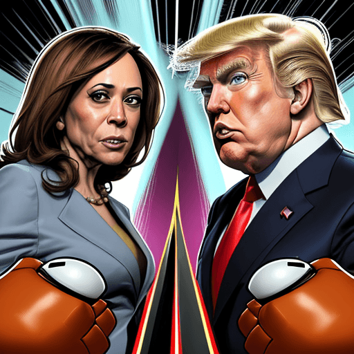 AI generated: create comic book style exaggerated caricatures of donald trump and Kamala Harris, rock em sock em r...