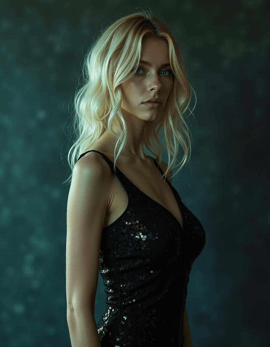 AI generated: blonde, woman, glitch dress, detailed, hdr, hyperdetailed, dark cinematic shot