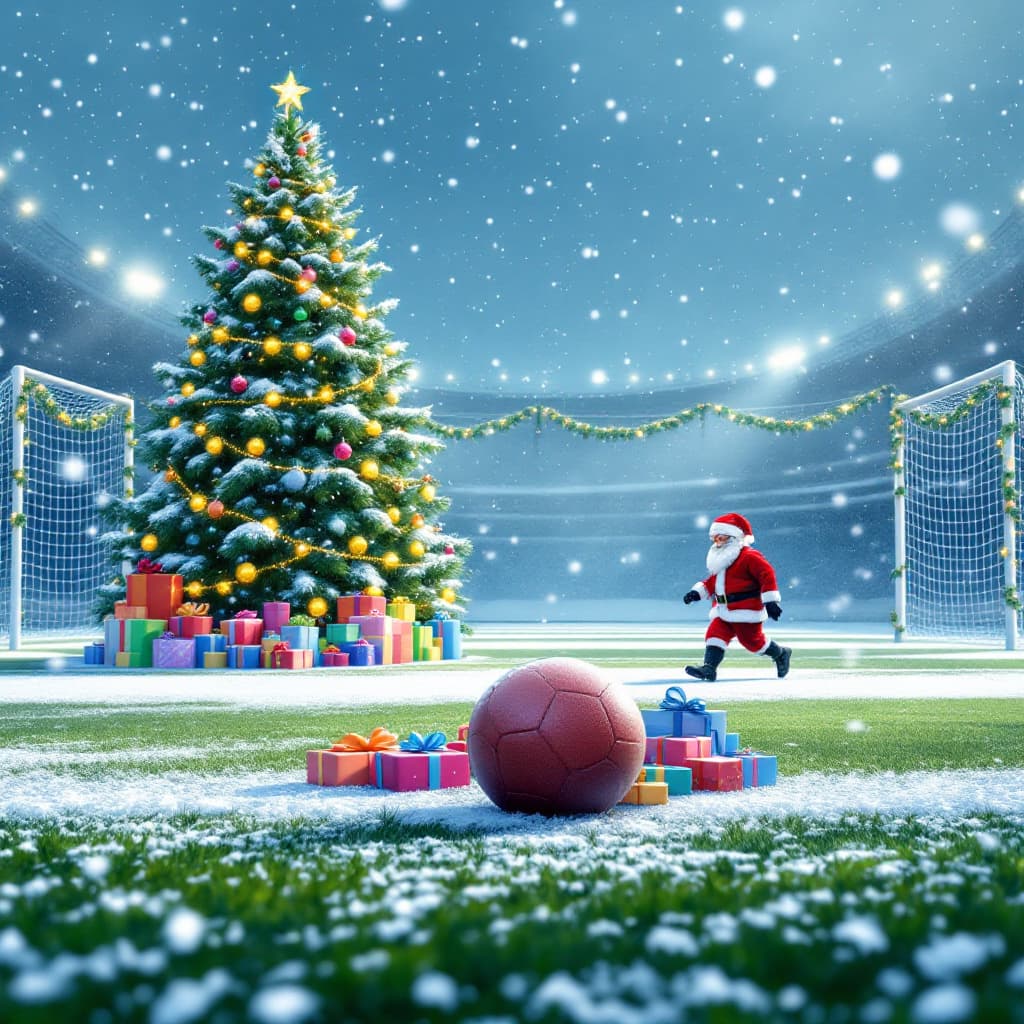 AI generated: A realistic Christmas scene on a football field, with snow gently falling. In the center, a football...