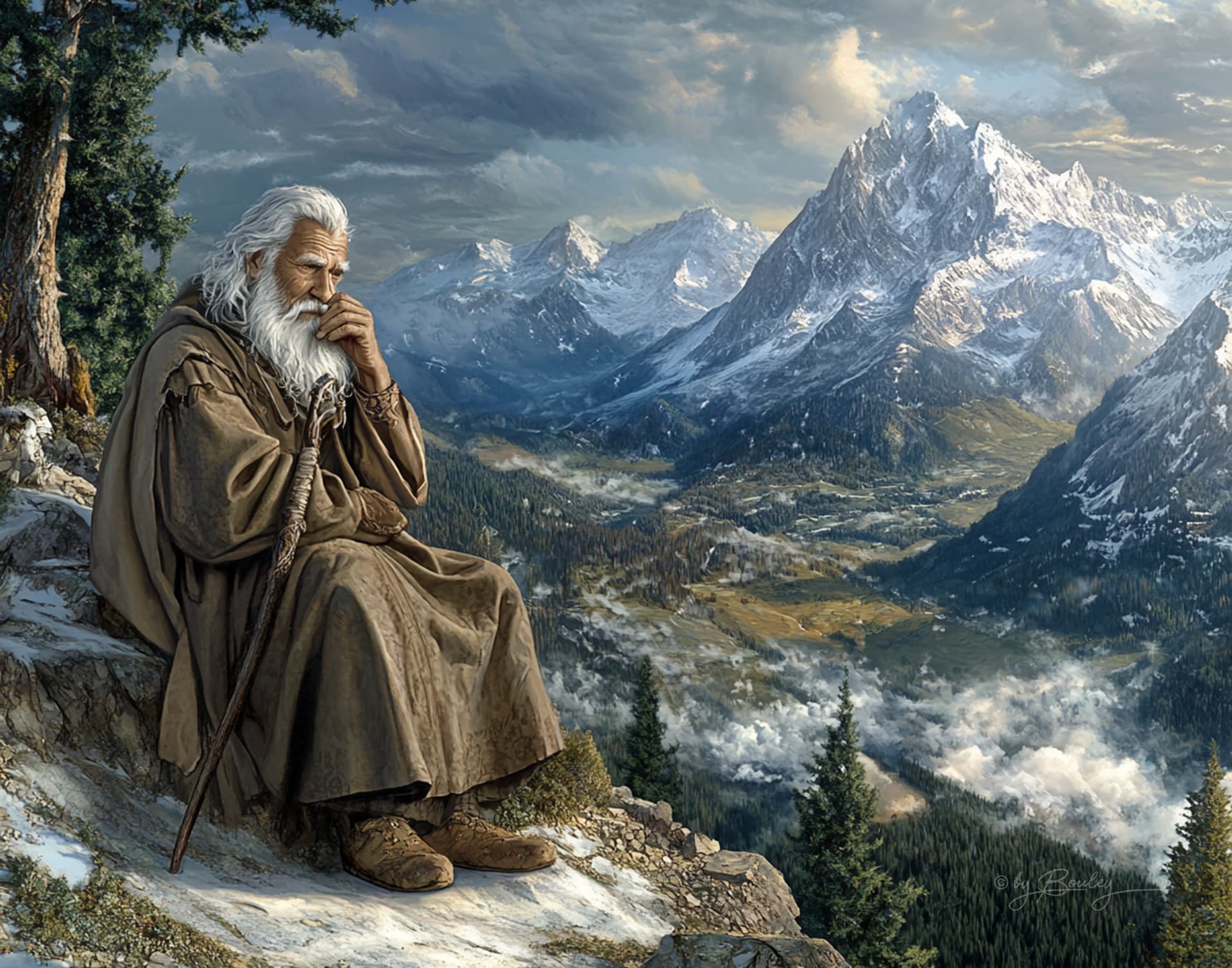 AI generated: An elderly wise man from the waist up on the left, looking thoughtfully at a stunning vista of a sno...