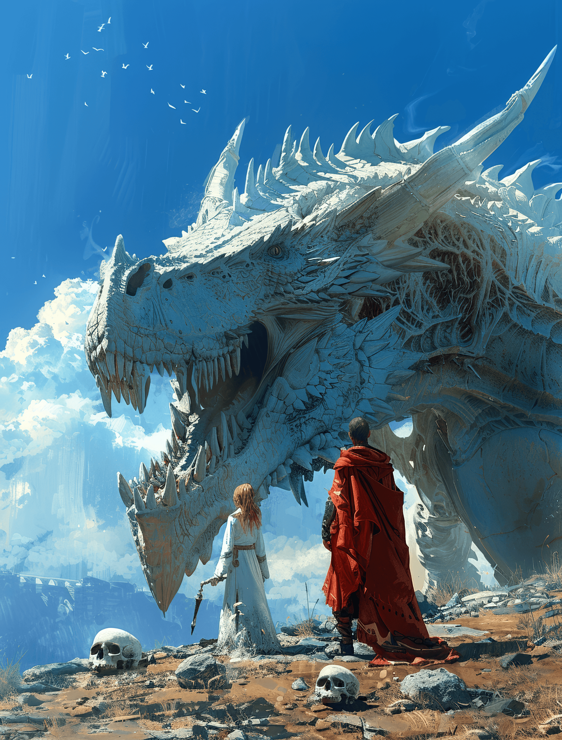 AI generated: two people are standing under a dragon watching other skulls, in the style of concept art, light sky...