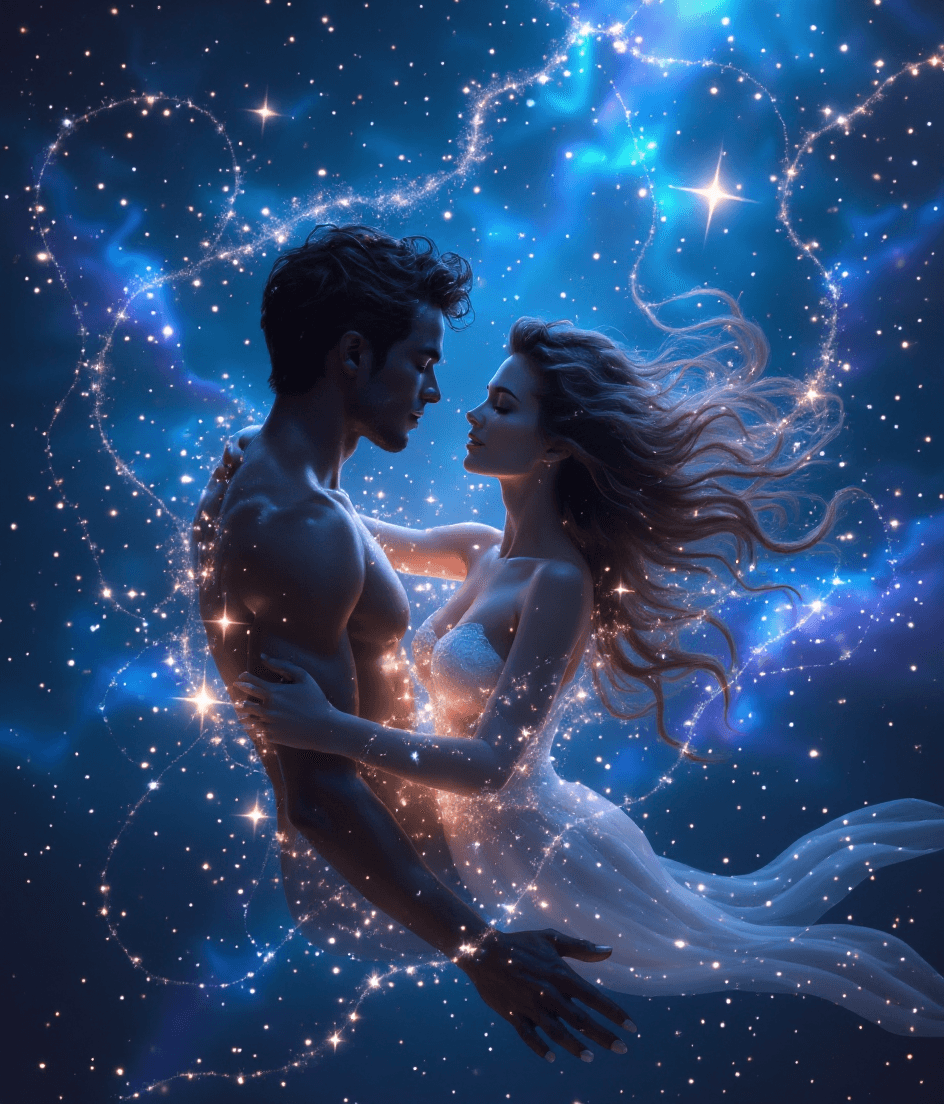 AI generated: A romantic, dreamlike scene of a black african  looking couple swimming together through the cosmos,...