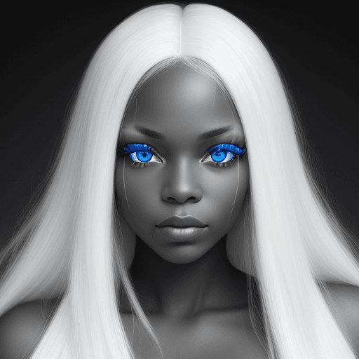 AI generated: create a black-and-white image of a black woman with blue eyes and long white hair