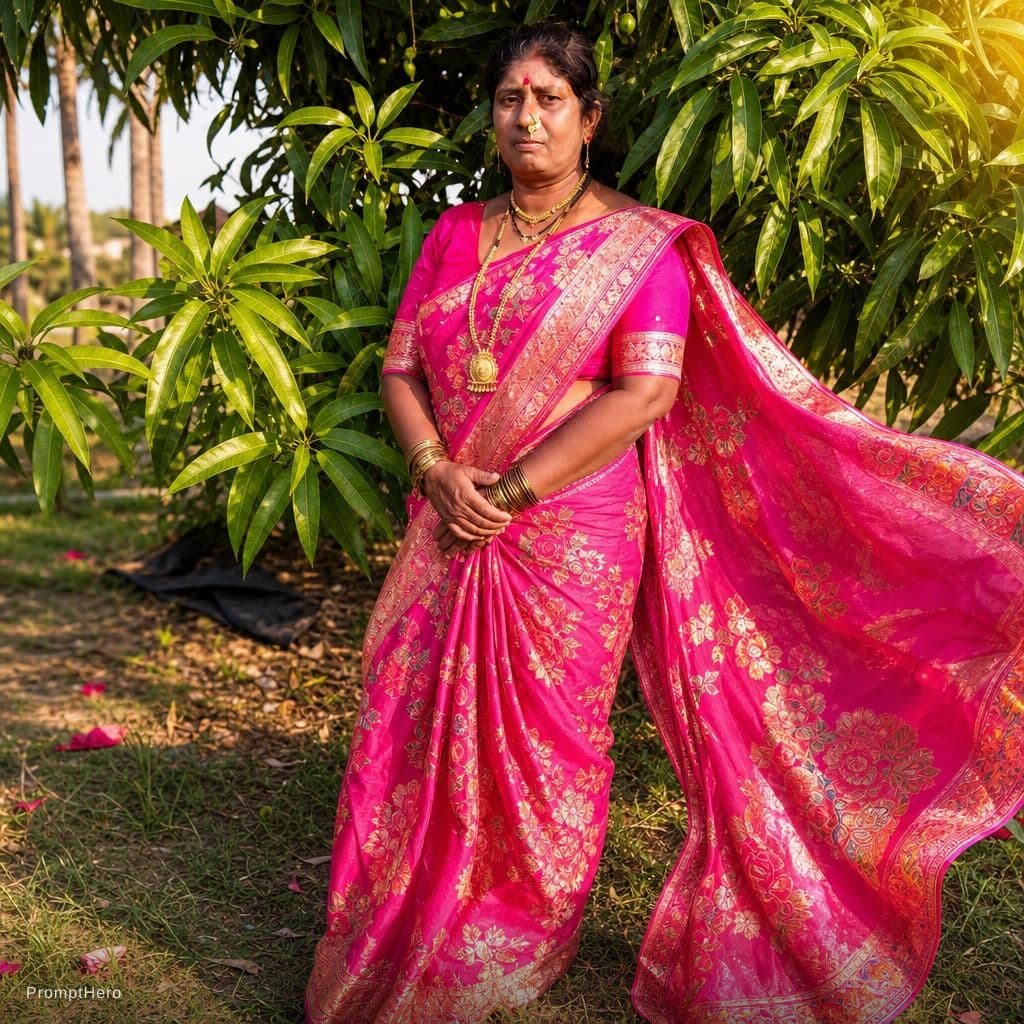 AI generated: A vibrant hot sexy saree with intricate floral patterns, flowing gracefully in a gentle breeze, capt...
