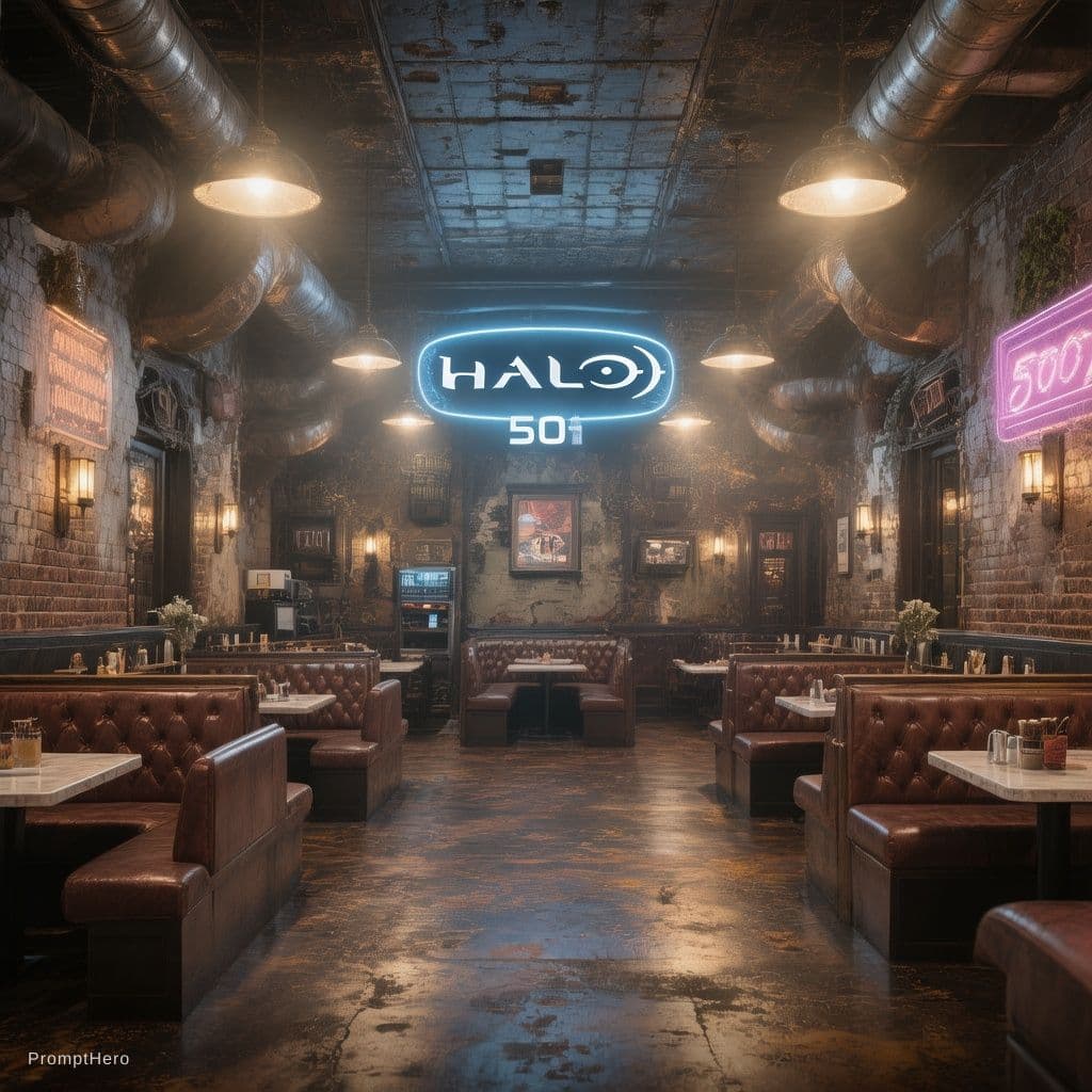 AI generated: halo 1 theme restaurant with 50 booths