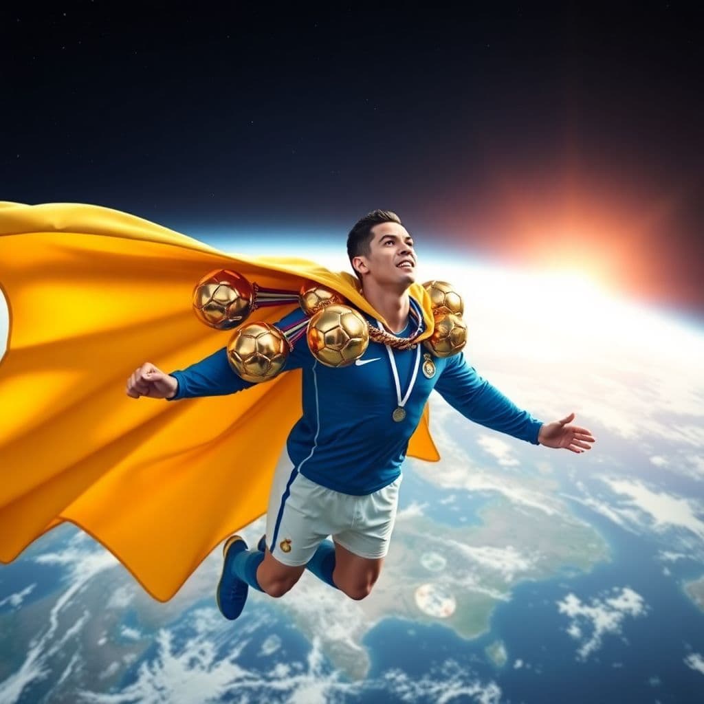 AI generated: Ronaldo as a superhero, cape made of Champions League trophies, hovering over Earth.