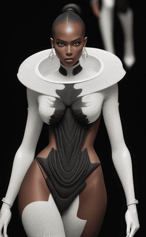 AI generated: An elegant black female super model at Milan Fashion Week, wearing a costume designed by Tom Ford wi...