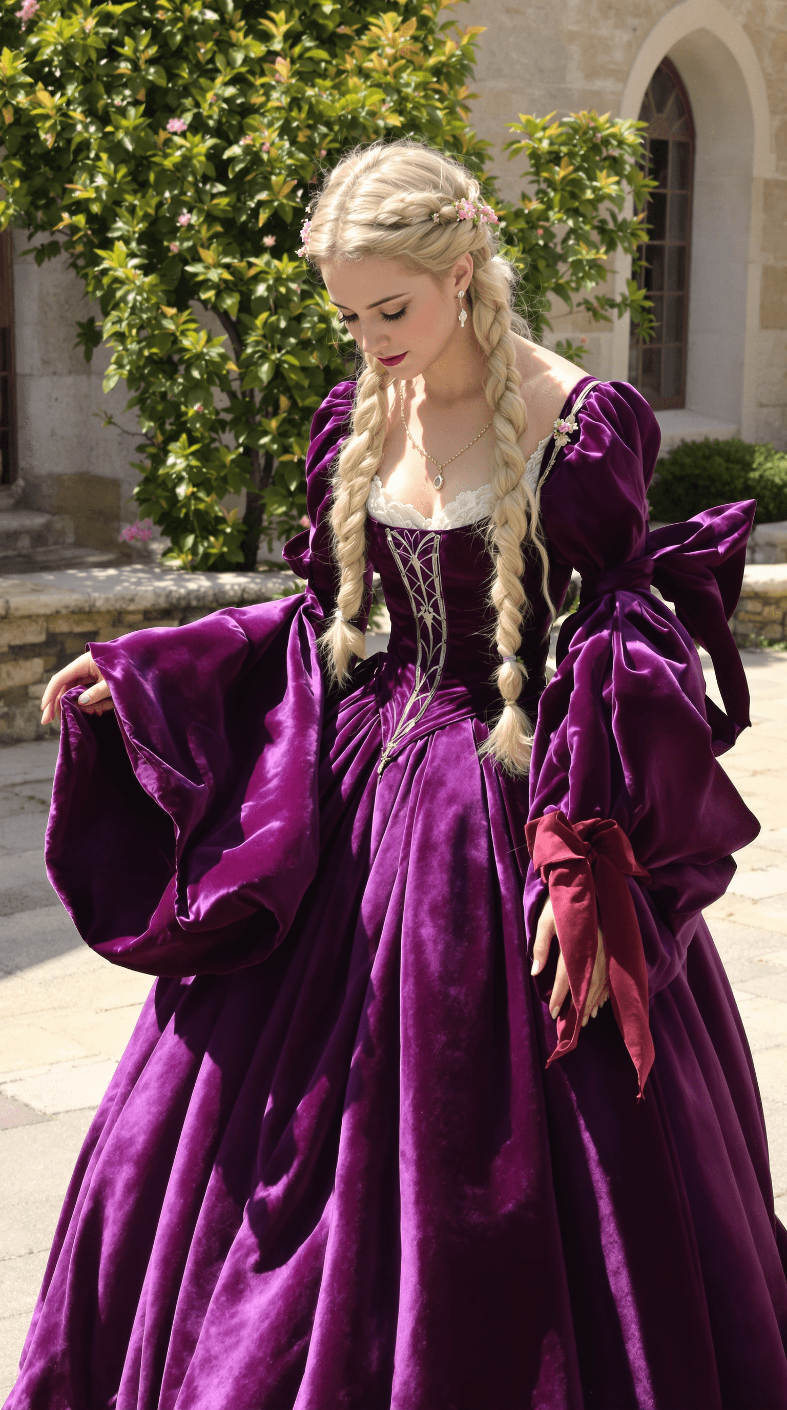 AI generated: A medieval maiden with long, braided blonde hair, adorned with small wildflowers, is gracefully curt...