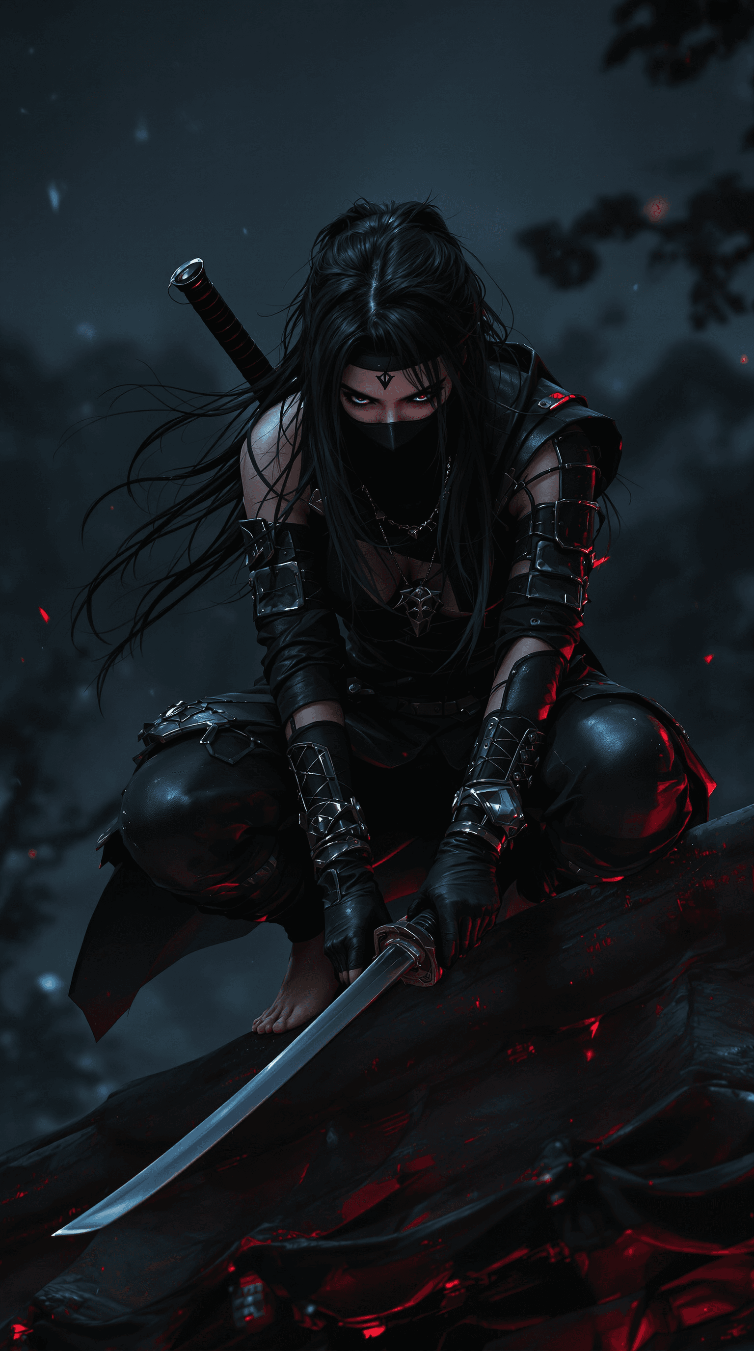 AI generated: Full body view of Female shinobi looking down ready to action, crouching on an oriental roof , maske...