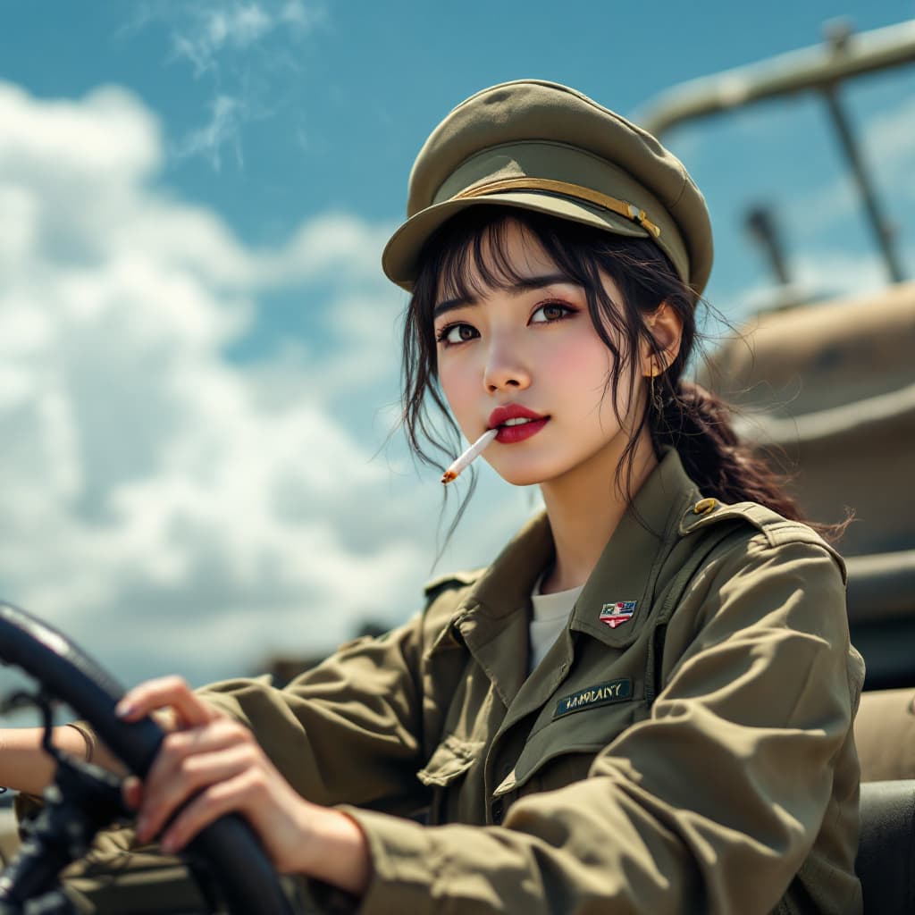 AI generated: Asian girl,  She is wearing military uniform ,The woman is smoking a cigarette, which she holds in h...