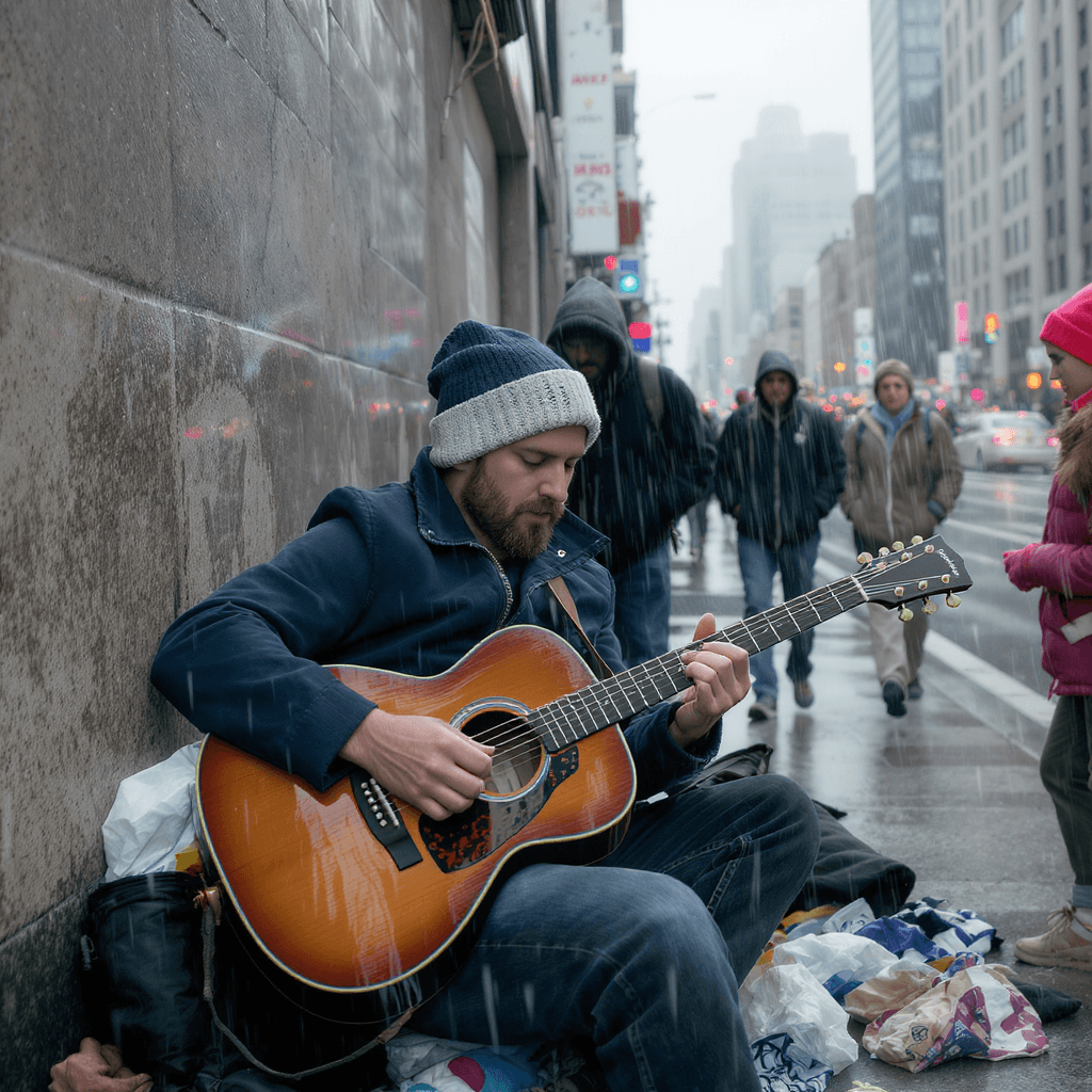 AI generated: Blues busker in windy city playing in front of a few frenetic listeners