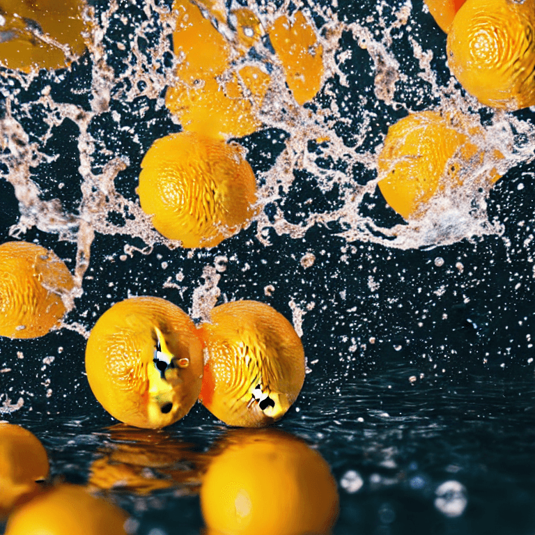 AI generated: Ultradetailed photo of a citrus fruits falling into water