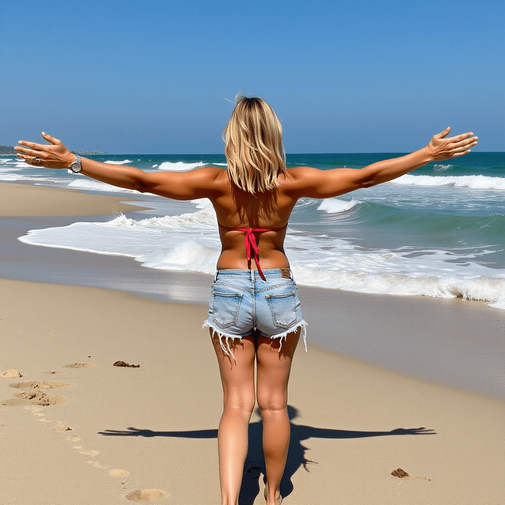 AI generated: Eine Person, die mit ausgestreckten Armen am Strand steht und den "Paradies"-Moment genieÃt.âââ...