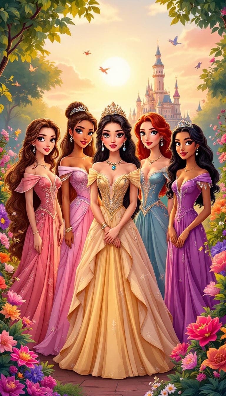 AI generated: "A group of elegant princesses inspired by classic fairy tales, standing together in a vibrant, ench...