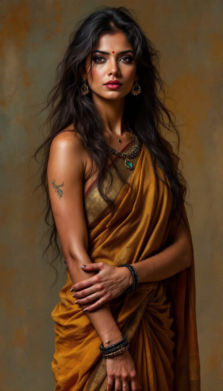 AI generated: indian mature woman, muscular body, veiny forearms, veins popuou, saree, long hair, one black bangle...