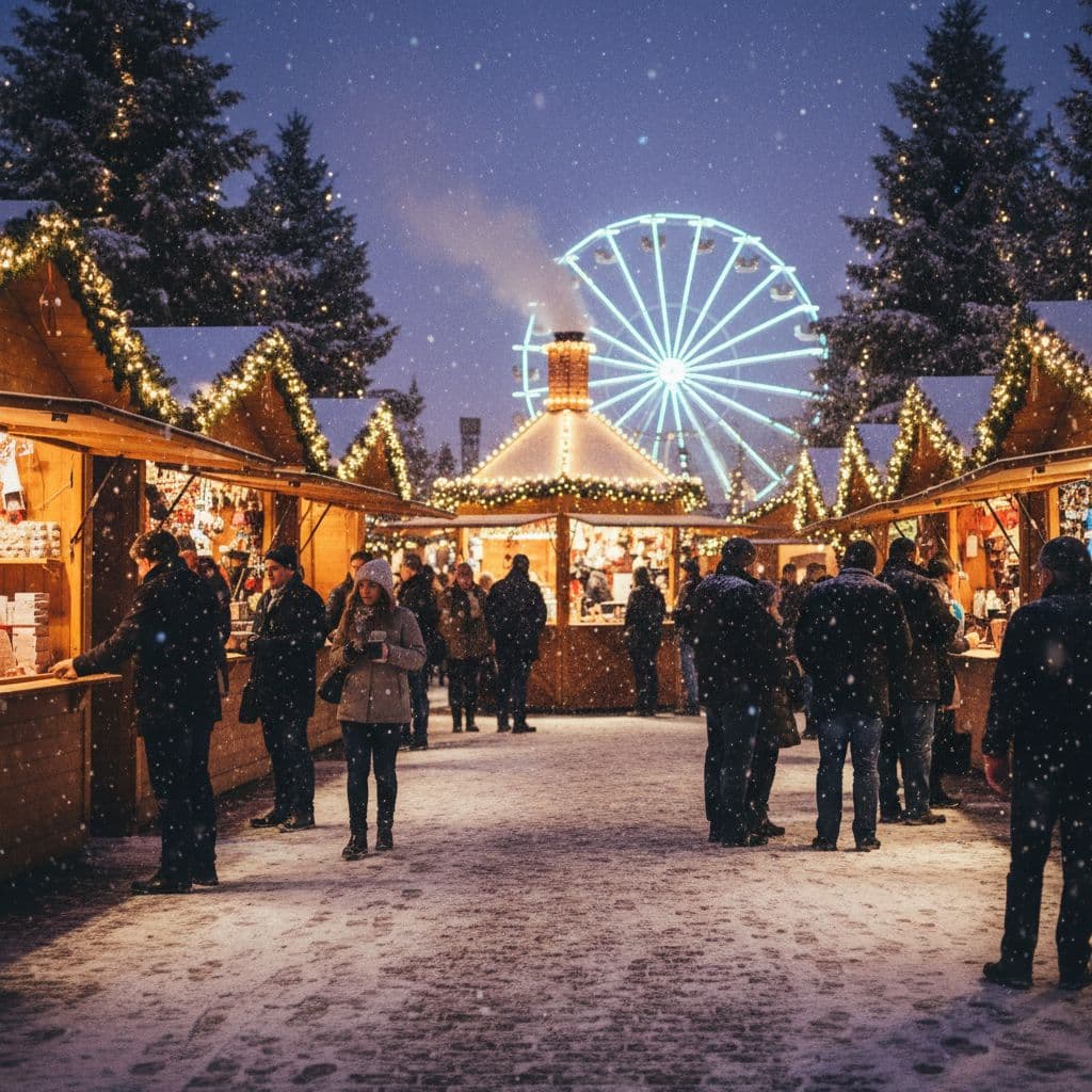 AI generated: "Holiday market stalls in snowfall, warm lighting contrast, immersive depth"