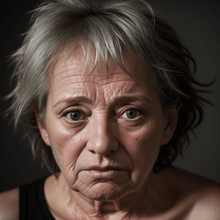 AI generated: hyper realistic headshot photo of a 60 year old, drunken, unkempt woman, she has a depressed look, l...