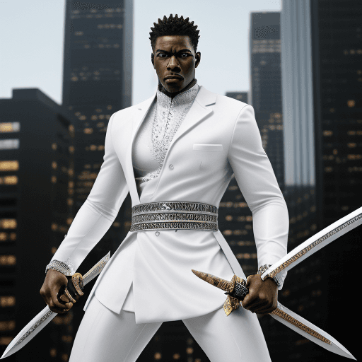 AI generated: Generate a digital artwork depicting a black American male warrior clad in pristine white custom Ame...
