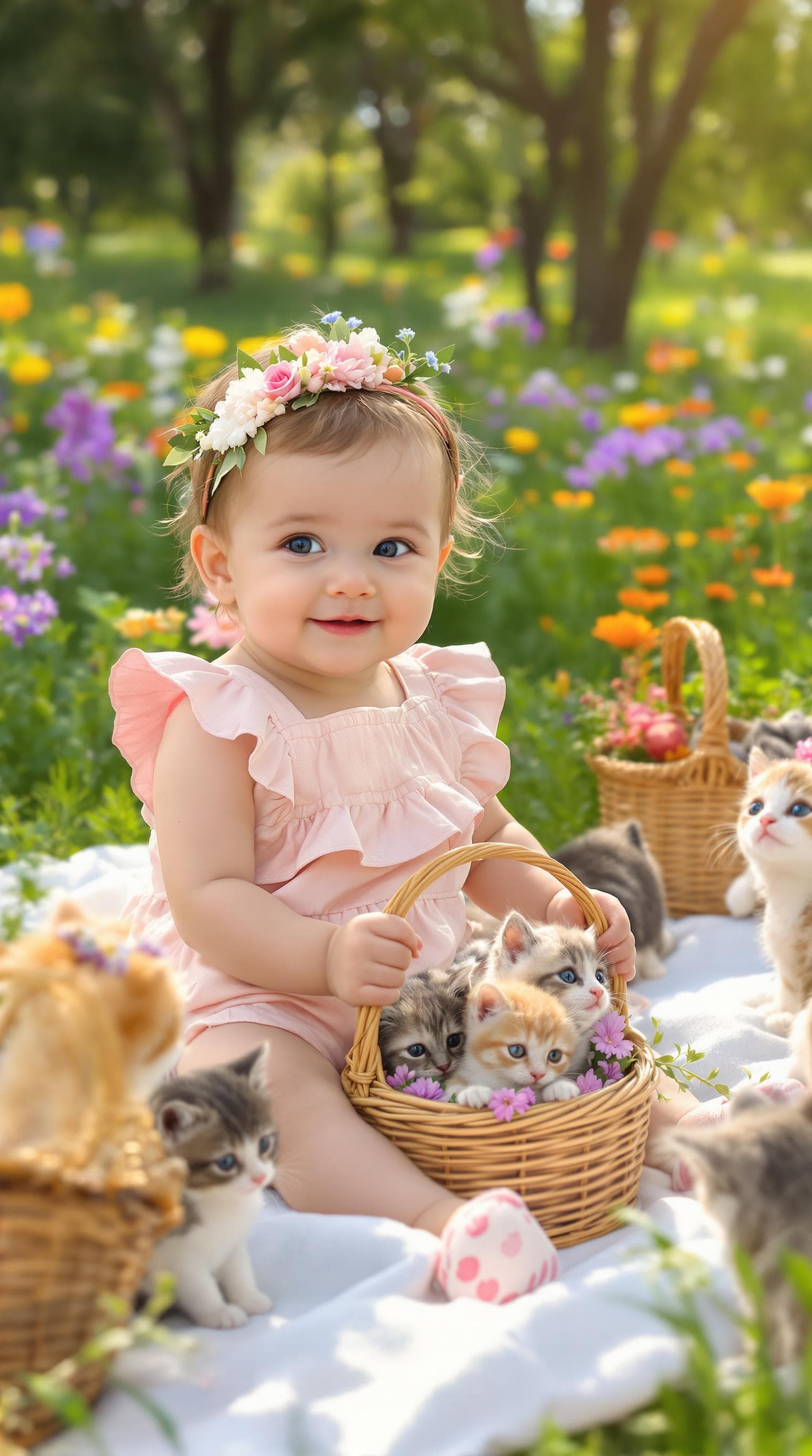 AI generated: A hyper-realistic image of a cute toddler sitting on a picnic blanket in a lush green meadow, surrou...