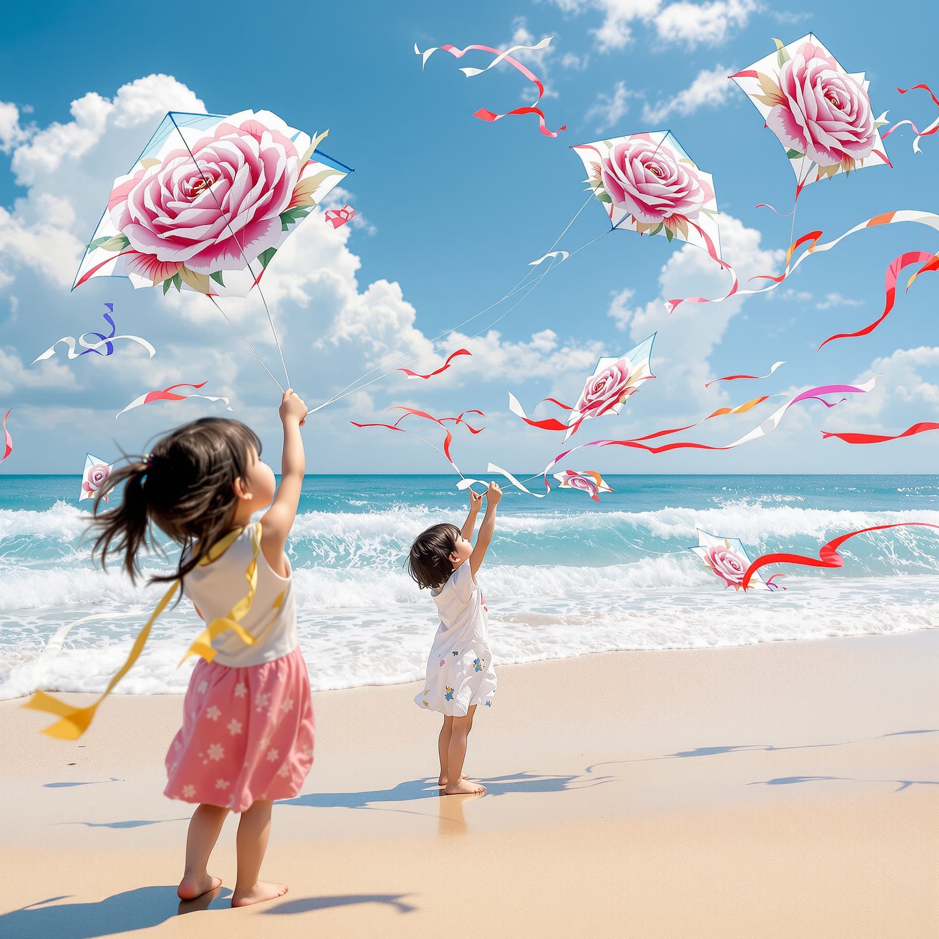 AI generated:  japanese children on a beach flying kyte with large rose flower design pattern, children playing on...