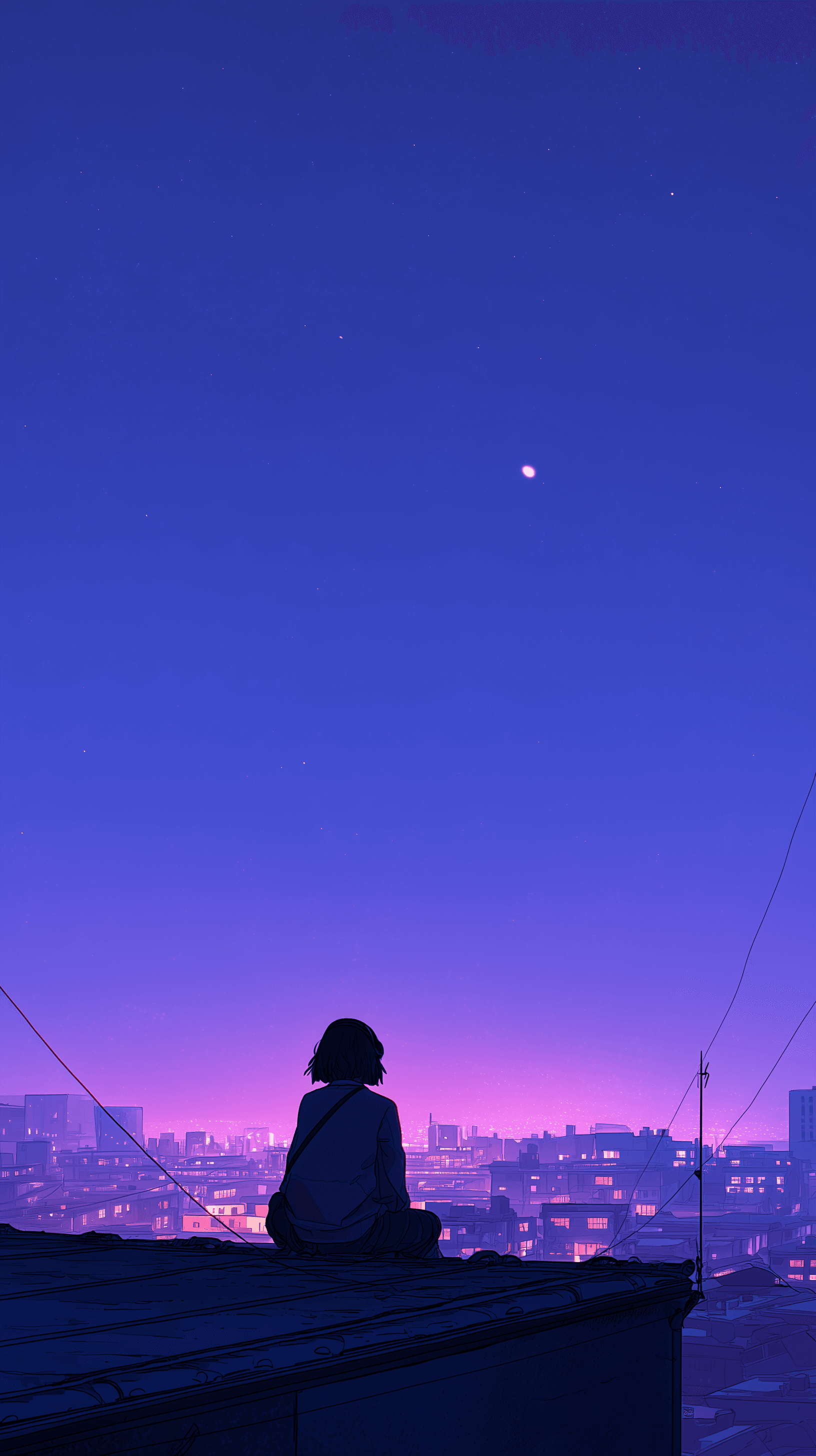 AI generated: illustration, quiet rooftop at night with soft moonlight and city skyline in the background, rear gi...