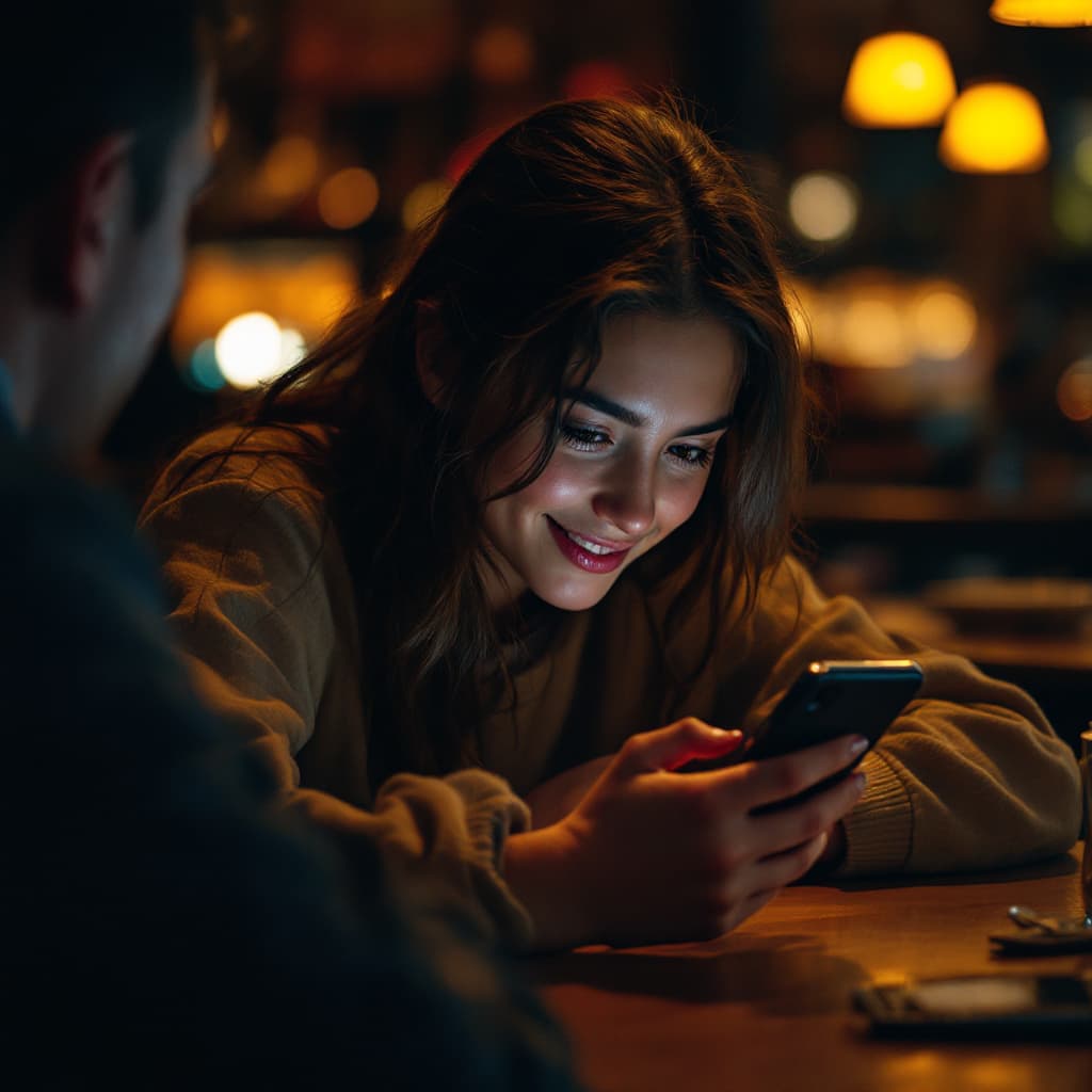 AI generated: a girls sitting kind of hunched over, elbows on table and looking at her iPhone screen, she is holdi...