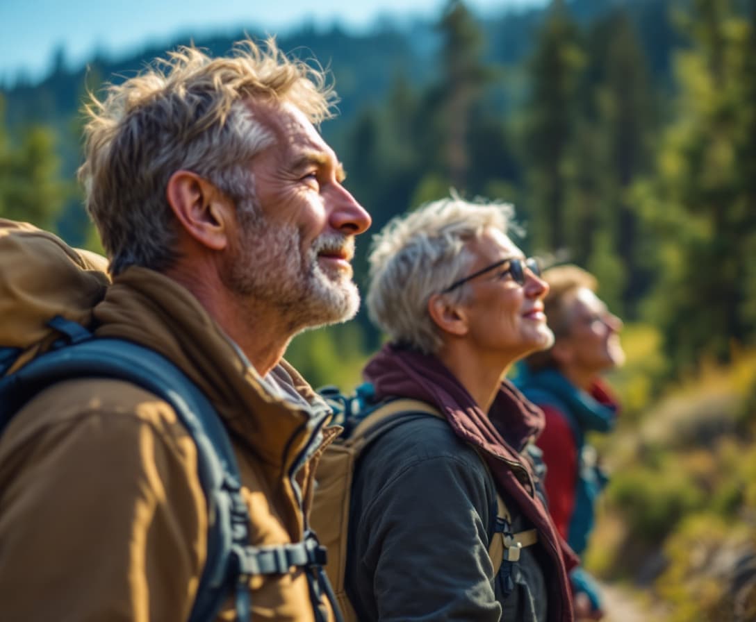 AI generated: 4 Hikers on a hiking trail, 50 years old, little daypack, looking towards a fir forest, sunny day, b...