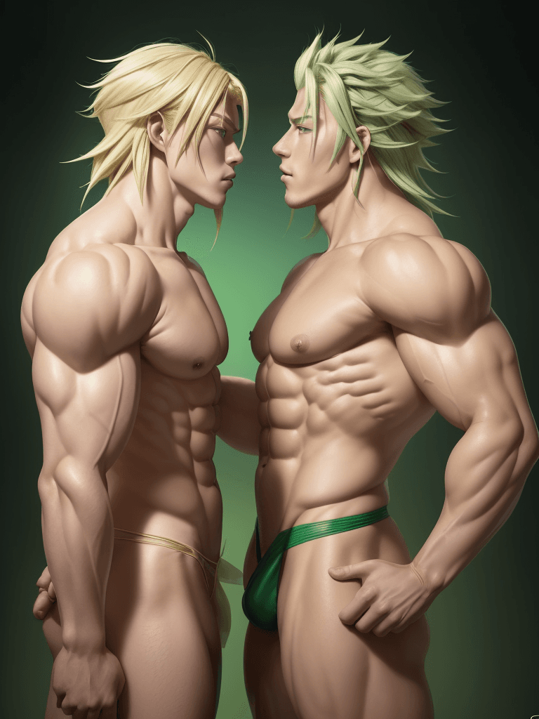 AI generated: profile view, (blond Hyoga) and (green hair Shun) from Knights of the Zodiac, kissing passionately, ...