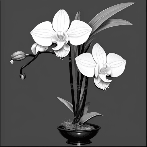 AI generated: Oriental orchid with 9 black and white, gray and sharp leaves