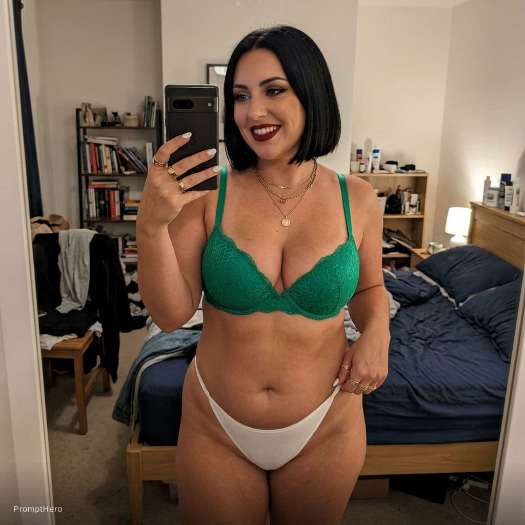 AI generated: {
  "shot_type": "mirror selfie",
  "general_style": "photorealistic, natural, candid, not AI-lookin...