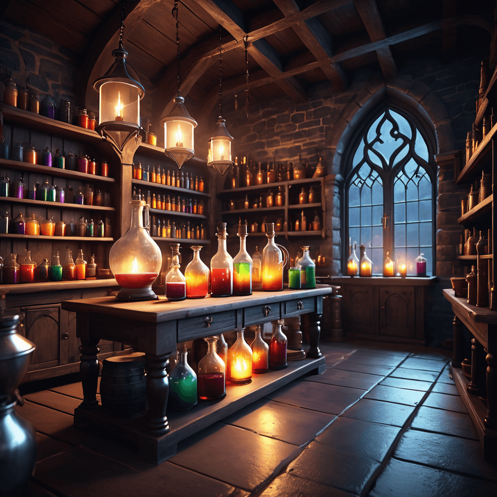 AI generated: "inside of wizard's Alchemist Workshop, (potions on the first set:1. 3), depth of field, medieval st...