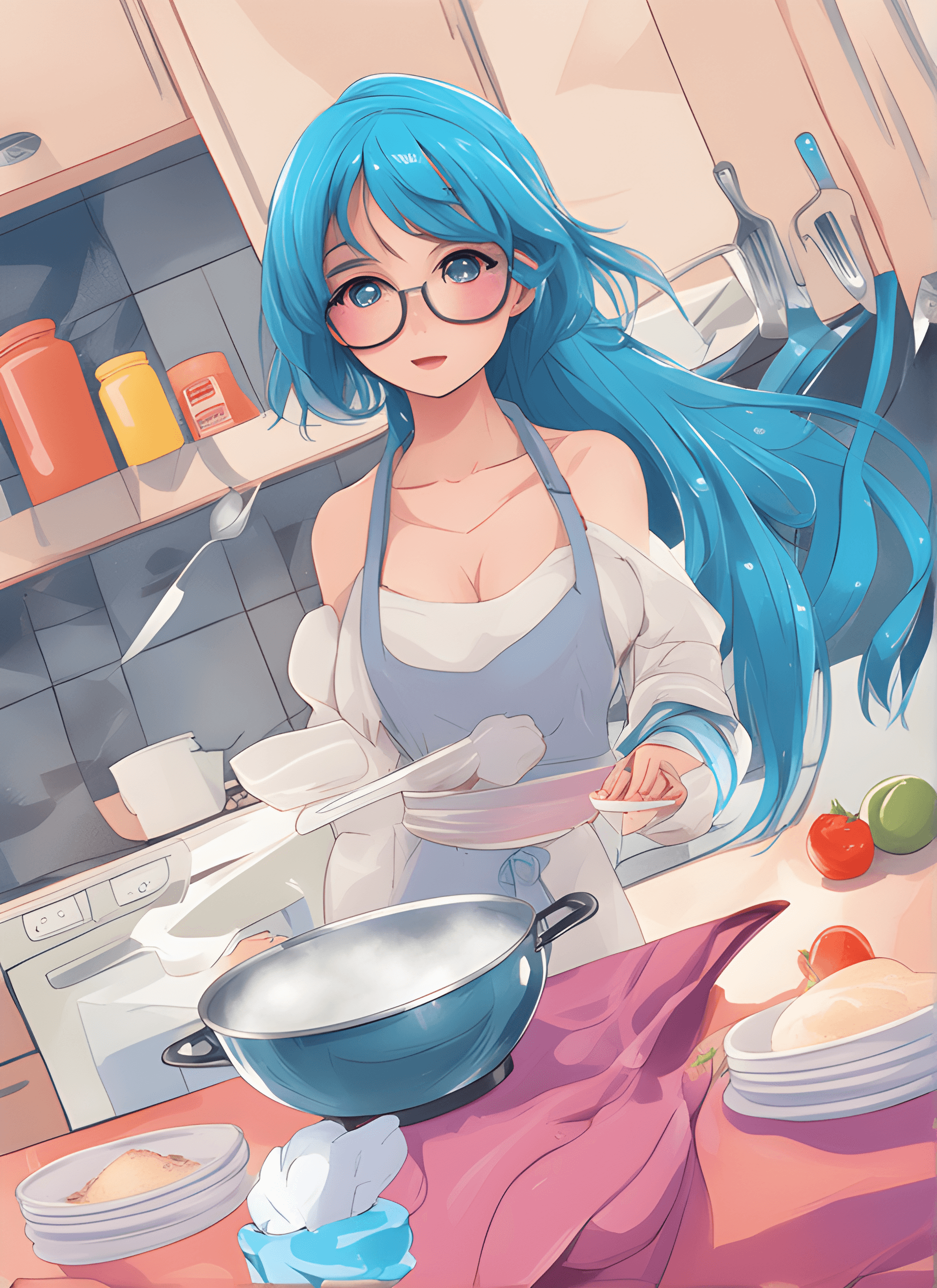 AI generated: anime girl with blue hair cooking in a kitchen with a cat, digital art on pixiv, anime food, baking ...