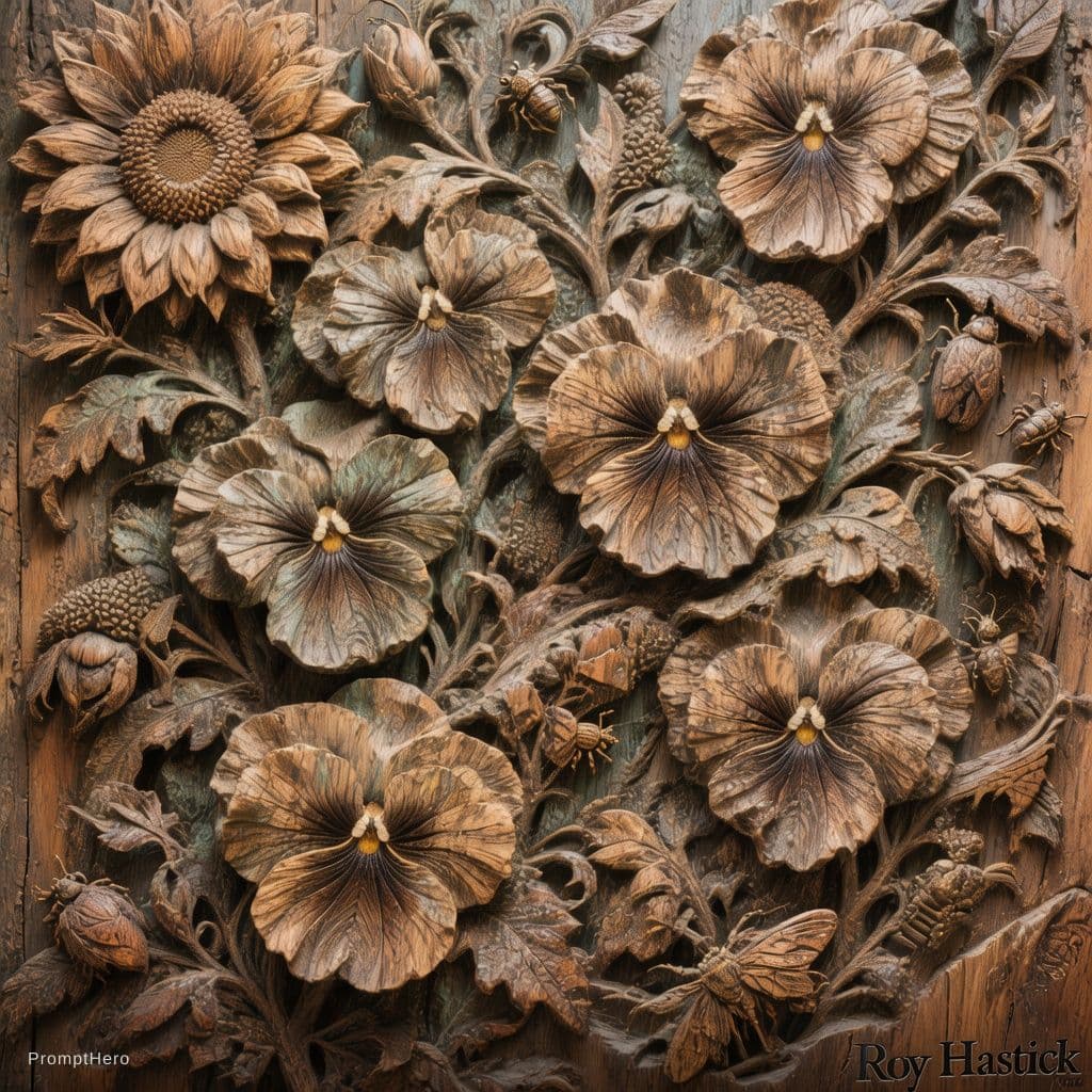 AI generated: A full-frame, detailed macro photograph of an intricate, whole-panel wood carving. The entire surfac...