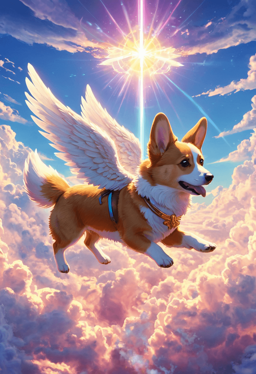 AI generated: anime artwork A majestic corgi with angel wings gliding through the clouds, pearlescent colors refle...